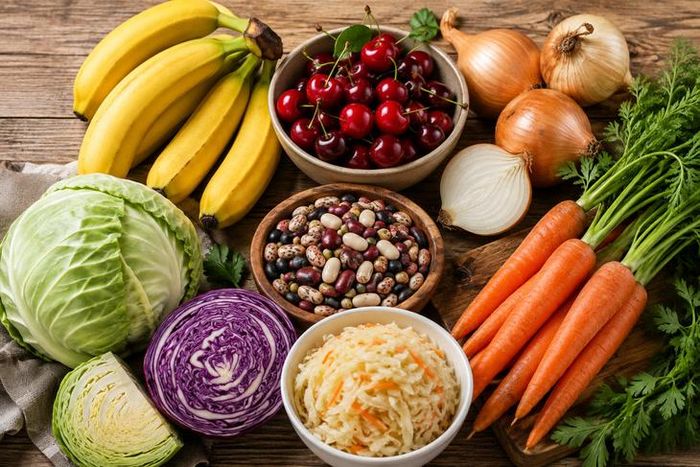 Chuối, anh đào, hành tây, đậu, cà rốt và bắp cải cung cấp nhiều dưỡng chất, góp phần hỗ trợ sức khỏe khi về già. Ảnh minh họa AI