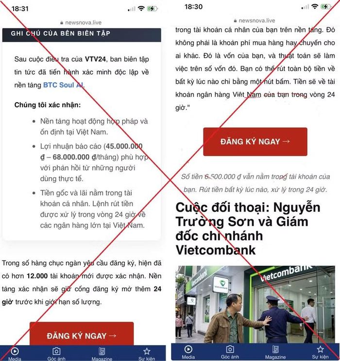 Đối tượng lừa đảo dẫn dụ khách hàng bấm vào nút Đăng ký ngay để lừa đảo