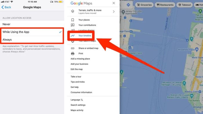  Để bật Timeline, người dùng cần cho phép truy cập vị trí liên tục. Ảnh: Business Insider.