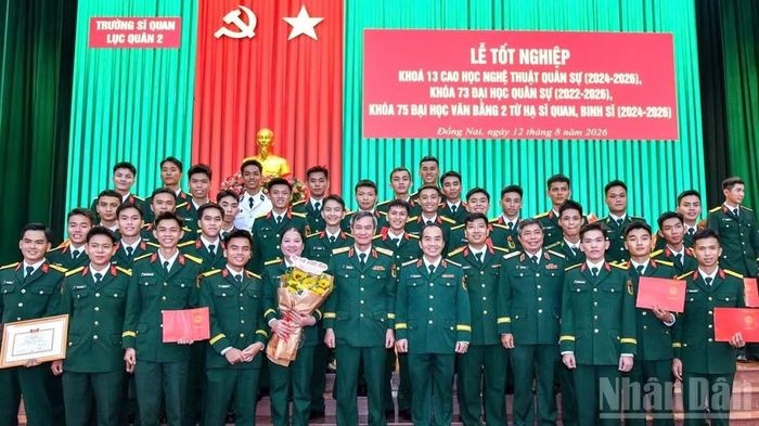 Những sĩ quan trẻ Khóa 73 đại học quân sự chụp ảnh lưu niệm cùng Thủ trưởng Ban Giám hiệu nhà trường trong Lễ tốt nghiệp.