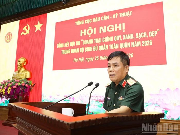 Trung tướng Trần Minh Đức, Chủ nhiệm Tổng cục Hậu cần-Kỹ thuật phát biểu tại hội nghị. ﻿(Ảnh: QUỲNH HƯƠNG)