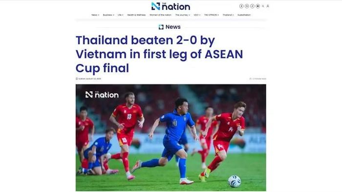 The Nation đưa tin về chiến thắng của Việt Nam trong trận chung kết lượt đi. (Ảnh chụp màn hình)