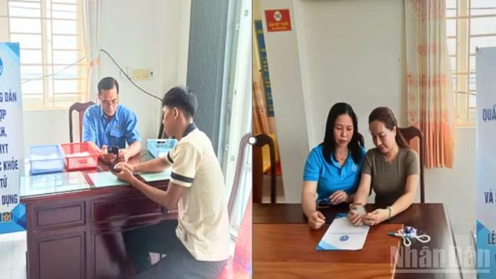 Cán bộ Bảo hiểm xã hội Cơ sở Bình Thủy tận tình hướng dẫn tích hợp sổ bảo hiểm xã hội, thẻ bảo hiểm y tế trên ứng dụng VNeID của người dân. (Ảnh: LÊ THẢO)