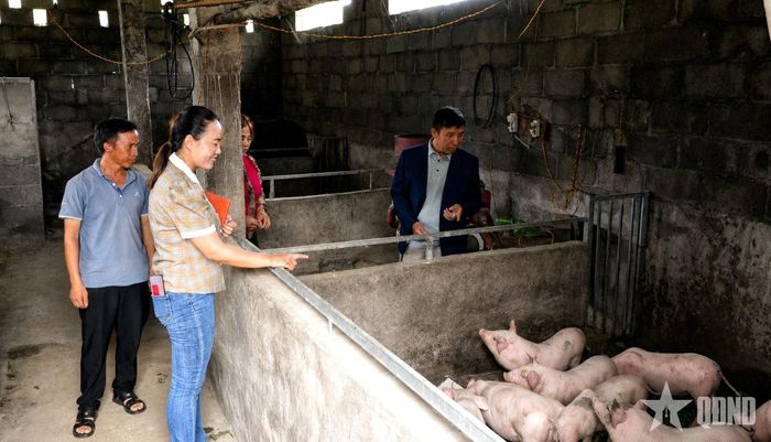  Chị Mua Thị Và hướng dẫn người dân thôn Mỏ Phàng, xã Sơn Vĩ, kỹ thuật chăn nuôi lợn.  