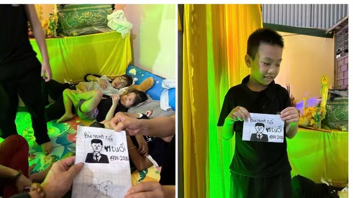 Bức tranh Hoàng Anh vẽ tặng bố khi còn học ở Hải Dương, giờ em biết khoe trước di ảnh bố.