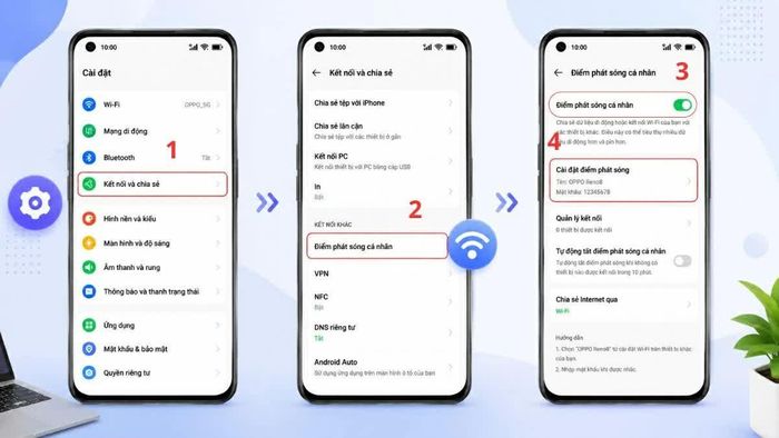 Mở Cài đặt trên OPPO, sau đó tìm và chọn Kết nối và chia sẻ.