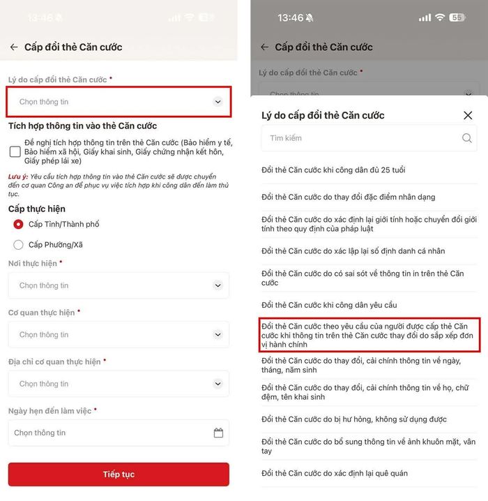 Chọn đúng lý do cấp đổi.