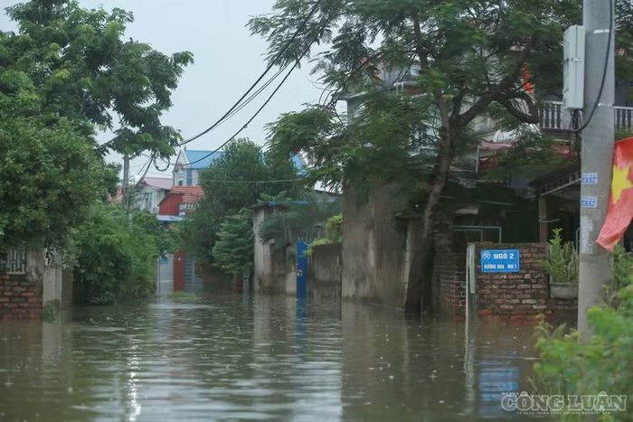 Khắp các tuyến đường làng trong thôn đều bị ngập. Việc đi lại, sinh hoạt của người dân bị đảo lộn so với ngày thường.