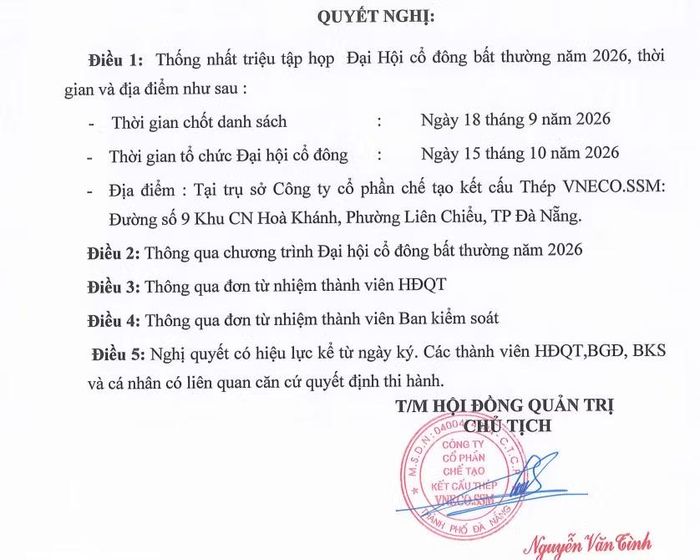 Thông tin ĐHĐCĐ bất thường của VNECO.SSM. Ảnh: SSM.