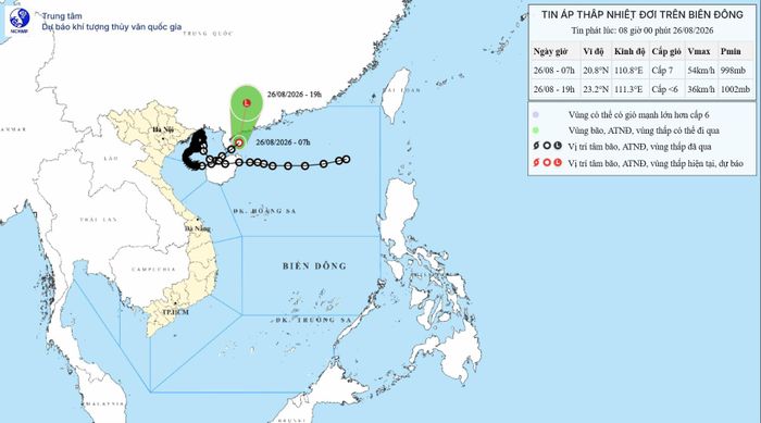 Bản đồ dự báo quỹ đạo và cường độ áp thấp nhiệt đới lúc 8h ngày 26/8/2026. Nguồn: NCHMF