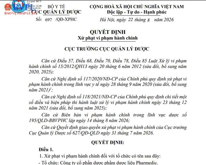  Quyết định xử phạt đối với Công ty cổ phần dược phẩm dược liệu Pharmedic. (Ảnh:MP)