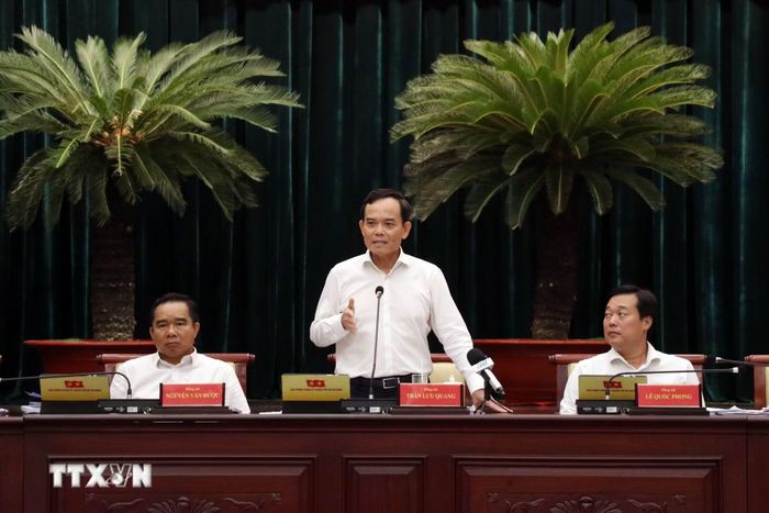 Bí thư Thành ủy Thành phố Hồ Chí Minh Trần Lưu Quang kết luận Hội nghị lần thứ bảy Ban Chấp hành Đảng bộ Thành phố Hồ Chí Minh. (Ảnh: Tiến Lực/TTXVN)