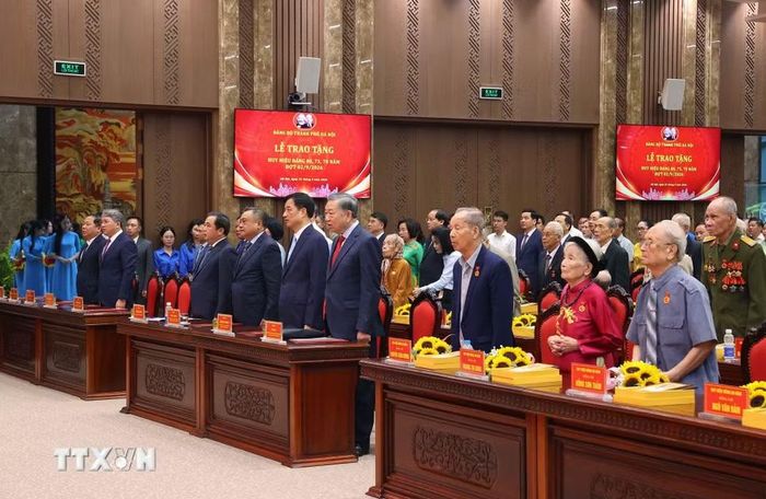 Các đại biểu thực hiện nghi lễ chào cờ. (Ảnh: Văn Điệp/TTXVN) ​