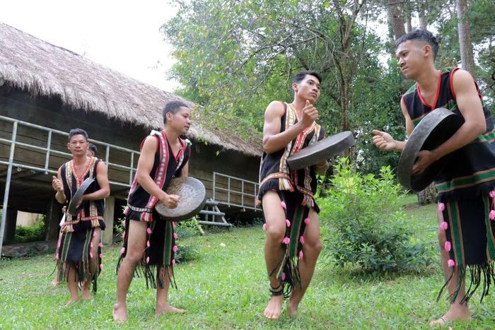 Diễn tấu cồng chiêng, dân tộc M'nông. (Ảnh: Chu Quốc Hùng/ TTXVN)