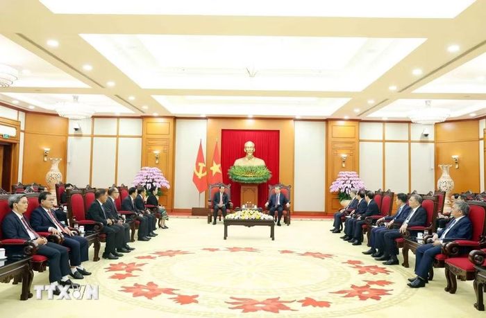 Tổng Bí thư, Chủ tịch nước Tô Lâm tiếp đồng chí Vanhxay Phongsavanh, Ủy viên Bộ Chính trị, Bí thư Trung ương Đảng, Chủ nhiệm Ban Kiểm tra Trung ương, Tổng Thanh tra Nhà nước, Trưởng Ban Phòng chống tham nhũng Trung ương Lào. (Ảnh: Thống Nhất/TTXVN)