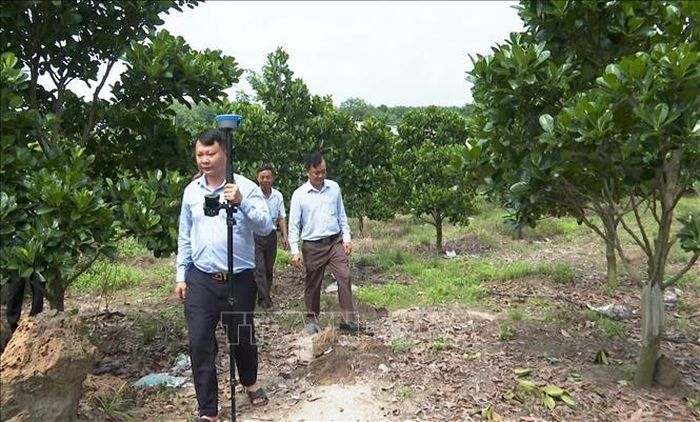 Cán bộ xã Nha Bích đến tận vườn nhà dân kiểm tra, đo đạc hiện trạng, xác định ranh giới, mốc giới để hỗ trợ hoàn thiện hồ sơ cấp Giấy chứng nhận quyền sử dụng đất lần đầu.