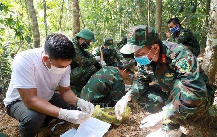 Đội tìm kiếm, quy tập hài cốt liệt sĩ, Bộ Chỉ huy Quân sự tỉnh Khánh Hòa kiểm tra kỹ từng mẫu đất để tìm kiếm hài cốt liệt sĩ.