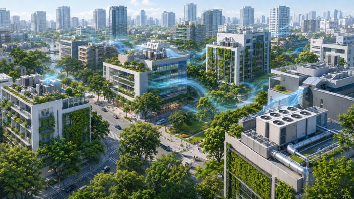 Một góc đô thị xanh với công nghệ làm lạnh trên các tòa nhà giúp giảm nhiệt, hạn chế ô nhiễm môi trường. Ảnh minh hoạ