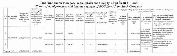 Tình hình thanh toán gốc, lãi trái phiếu của BCG Land (Ảnh: BCG Land).
