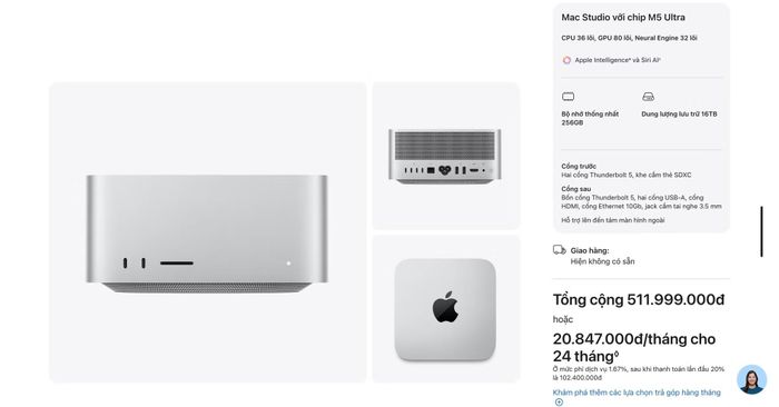 Mac Studio M5 Ultra cấu hình CPU 36 lõi, GPU 80 lõi, bộ nhớ hợp nhất 256 GB và SSD 16 TB được Apple Việt Nam niêm yết ở mức 512 triệu đồng. Ảnh chụp màn hình.