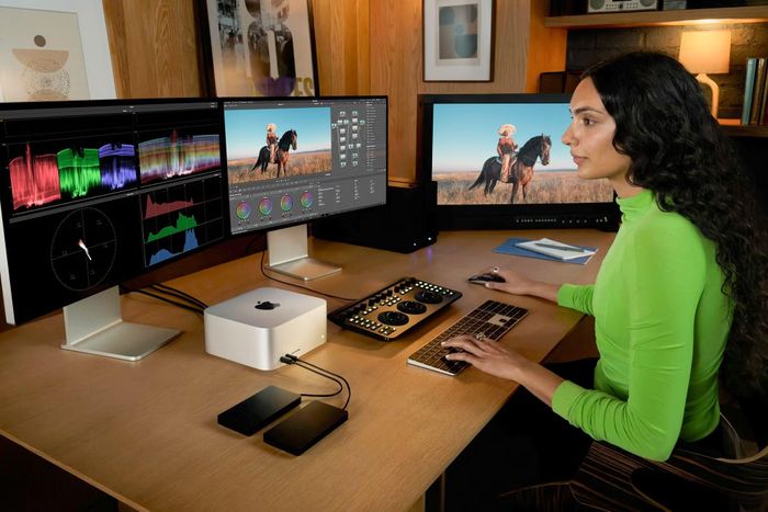 Mac Studio hướng tới các tác vụ nặng như dựng phim, chỉnh màu, xử lý đồ họa và những công việc sáng tạo chuyên sâu. Ảnh: Apple.