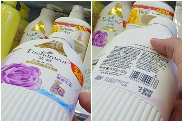 Một số sản phẩm như sữa tắm Enchanteur cũng được bày bán nhưng phóng viên không ghi nhận nhãn phụ bằng tiếng Việt trên sản phẩm.