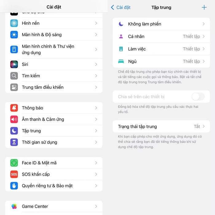 Tính năng tập trung có trong phần cài đặt trên iPhone