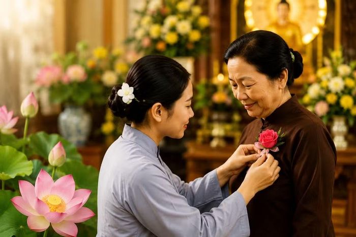 Nghi thức cài hoa hồng trong mùa Vu Lan mang ý nghĩa tưởng nhớ công ơn sinh thành, nhắc nhở mỗi người trân trọng và báo hiếu cha mẹ. Ảnh minh họa: AI