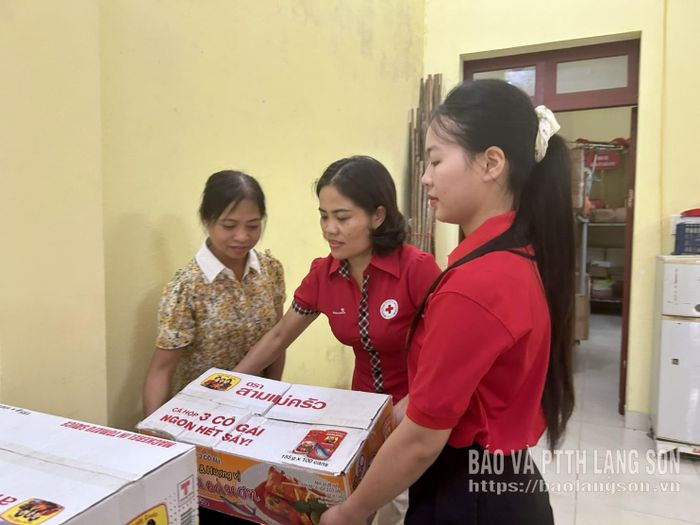 Lãnh đạo Hội Chữ thập đỏ tỉnh và tình nguyện viên tham gia tiếp nhận, bốc xếp hàng hỗ trợ