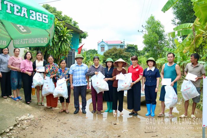 Lãnh đạo Uỷ ban MTTQ Việt Nam tỉnh, Hội Chữ thập đỏ tỉnh  trao quà cho các hộ dân bị cô lập bởi nước lũ tại xã Hữu Lũng