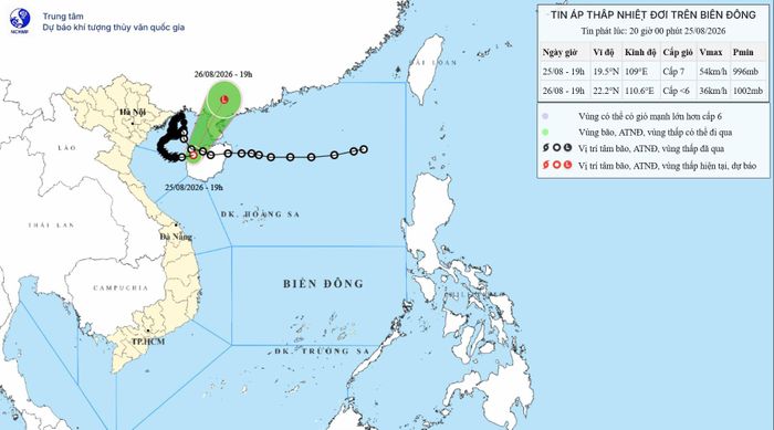 Hướng di chuyển của áp thấp nhiệt đới trên Biển Đông hồi 20:00 tối ngày 25/8. Ảnh: NCHMF
