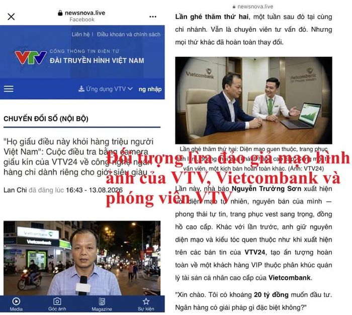 Đối tượng sử dụng hình ảnh giả mạo VTV, Vietcombank và phóng viên VTV để tạo lòng tin. Ảnh: Hồng Nhung