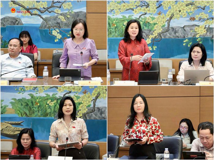 Các ĐBQH: Thái Thị An Chung, Lê Thị Hoài Chung, Vũ Thị Lan Anh và Nguyễn Thị Minh Tú phát biểu tại tổ. Ảnh: Khánh Duy