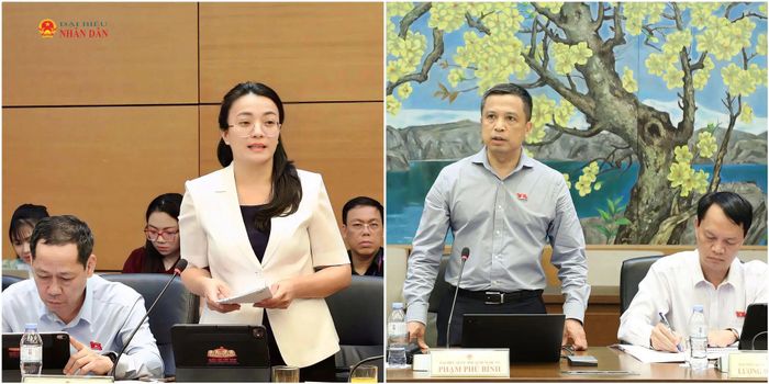 ĐBQH Hoàng Thị Thu Trang và ĐBQH Phạm Phú Bình phát biểu tại Tổ. Ảnh: Khánh Duy