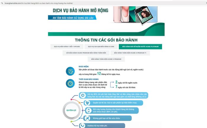 Một số gói bảo hành mở rộng mà Hoàng Hà Mobile cũng triển khai. (Thông tin trên Website công ty)