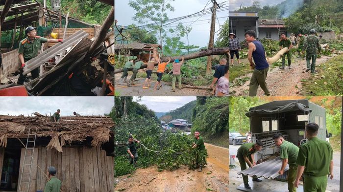 Công an xã Thượng Hà hỗ trợ người dân dọn dẹp, khắc phục nhà cửa, tài sản bị hư hỏng và cây đổ đảm bảo an toàn giao thông.