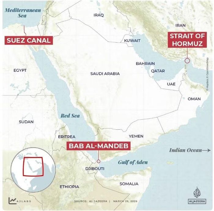 Bản đồ vị trí eo Hormuz và eo Bad el Mandeb. Ảnh: Al Jazeera