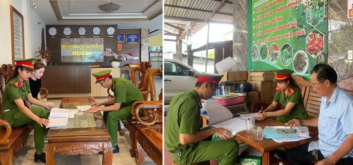 Cán bộ Công an xã Nam Trà My kiểm tra hành chính tại các cơ sở lưu trú trên địa bàn.
