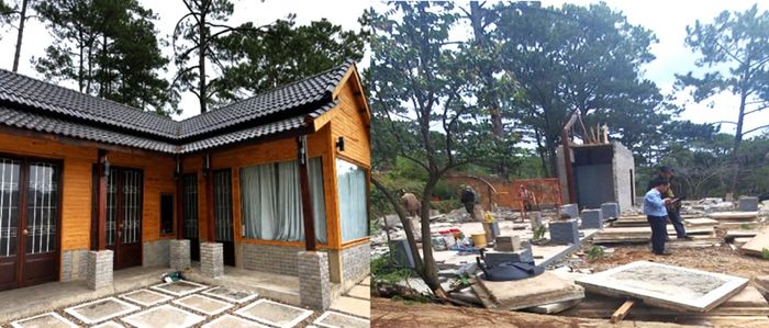 Một công trình xây dựng trên đất lâm nghiệp tại xã Lạc Dương trước và sau khi bị tháo dỡ.