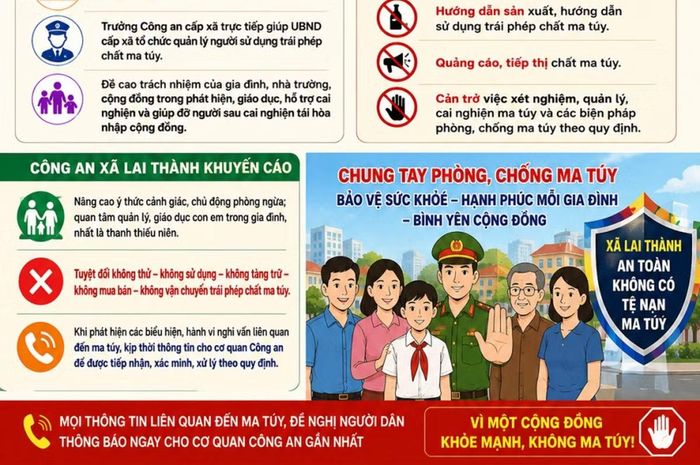 Công an xã Lai Thành, tỉnh Ninh Bình thiết kế và phát tờ rơi tuyên truyền về ma túy tới các tầng lớp nhân dân.