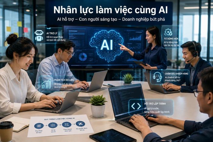 Khi AI đi sâu vào hoạt động doanh nghiệp, người lao động cần bổ sung kỹ năng sử dụng công nghệ, đánh giá kết quả và quản trị dữ liệu trong quá trình làm việc. Ảnh AI