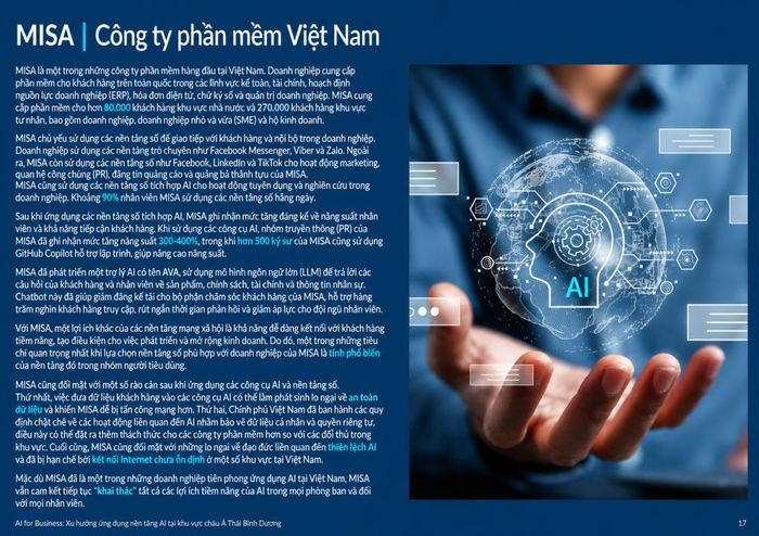 Ứng dụng AI đang tác động trực tiếp đến cách nhân sự làm việc. Deloitte Access Economics ghi nhận nhóm truyền thông của MISA tăng năng suất 300-400%, trong khi hơn 500 kỹ sư sử dụng AI hỗ trợ lập trình. Nguồn: Deloitte Access Economics.