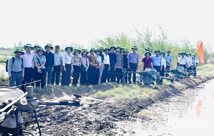 Đại biểu và nông dân tham quan mô hình trình diễn 5 ha lúa chất lượng cao, phát thải thấp tại ấp Bình Thới. Ảnh: Lê Hoàng Vũ.