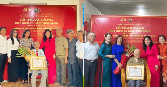 Đồng chí Nguyễn Đình Khôi nhận Huy hiệu 75 năm tuổi Đảng và đồng chí Phạm Du nhận Huy hiệu 80 năm tuổi Đảng tại gia đình. Ảnh: PV