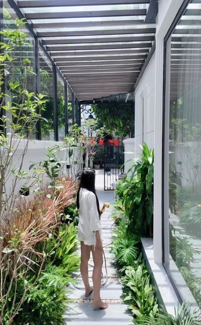Biệt thự bao phủ bởi cây xanh và lát đá xung quanh.