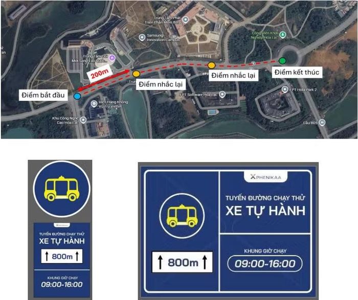 Hệ thống biển báo và biển nhắc lại trong khu vực thử nghiệm