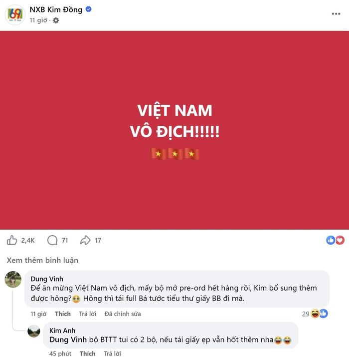 Nhiều đơn vị trong ngành sách hòa vào không khí ăn mừng Việt Nam vô địch. Ảnh: Facebook.