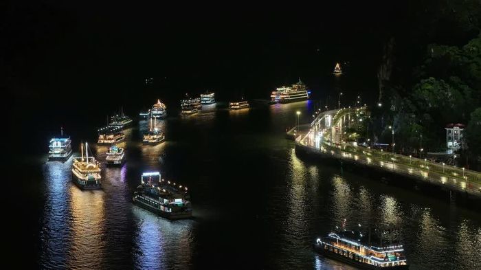 Đội hình tàu du lịch lung linh ánh đèn di chuyển qua khu vực Cảng tàu khách quốc tế Hạ Long, tạo nên bức tranh nghệ thuật đêm rực rỡ. Ảnh: Thanh Vân