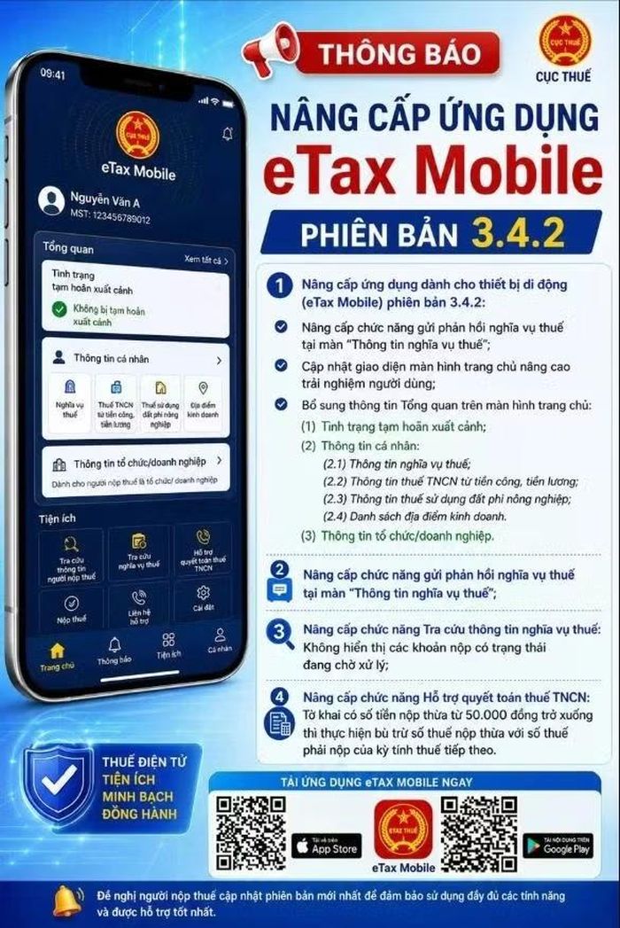 Ứng dụng eTax Mobile phiên bản cho phép kiểm tra nợ thuế, tạm hoãn xuất cảnh. Đồ hoạ: Cục Thuế.