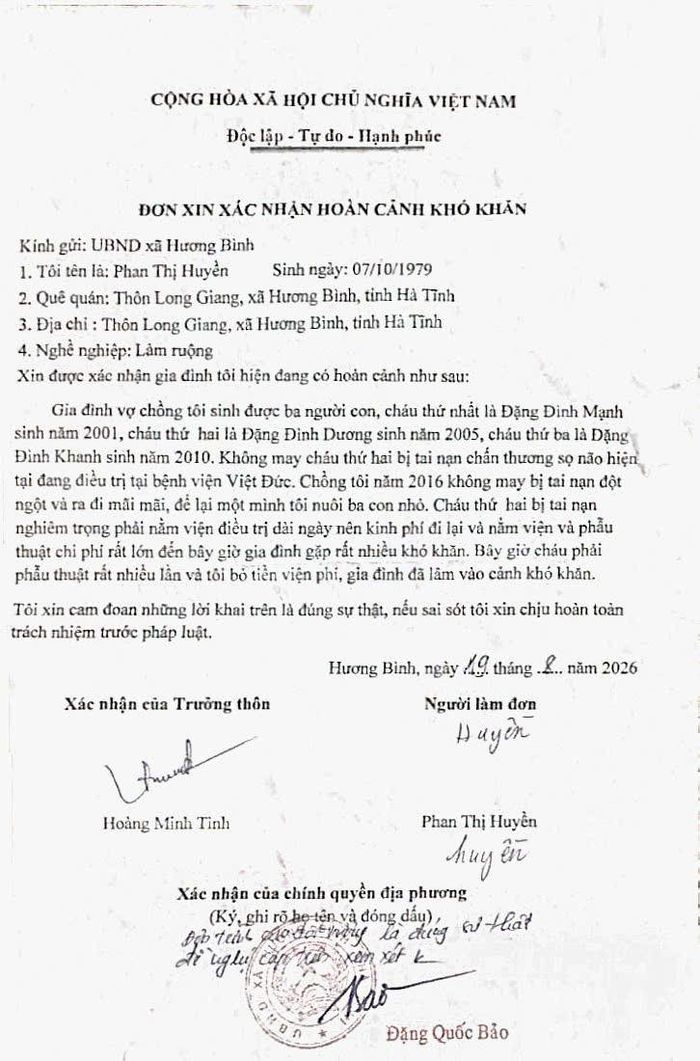 Đơn xác nhận gia đình bà Huyền có hoàn cảnh khó khăn